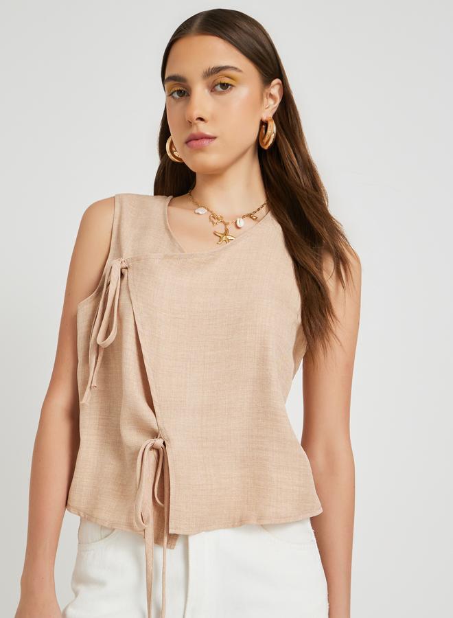 Take Two Solid Sleeveless Wrap Top with Tie-Up Detail - Image 3