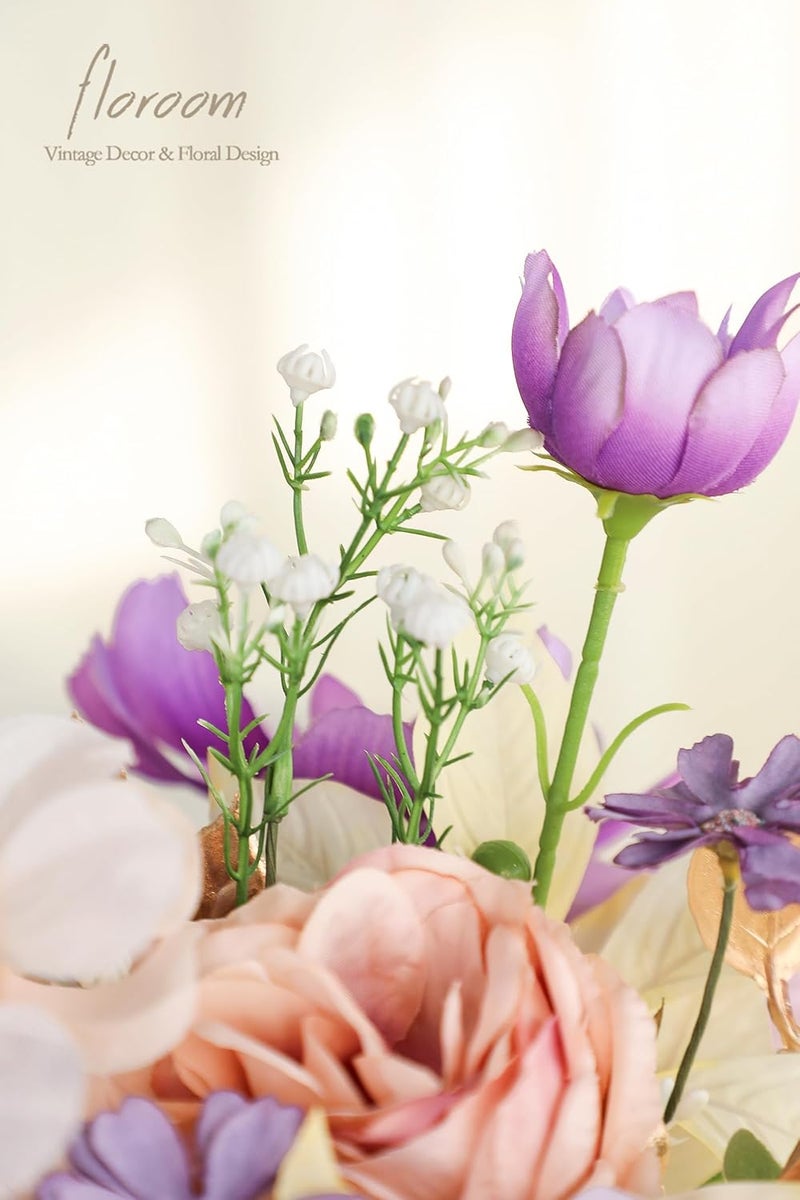 Floroom مجموعة سيقان النباتات الاصطناعية فلوروم، 45 قطعة مع 9 أنواع من أزهار النباتات الاصطناعية لتنسيق باقات الزفاف DIY وترتيبات الزهور للطاولات المركزية، لافندر وذهبي - Image 5