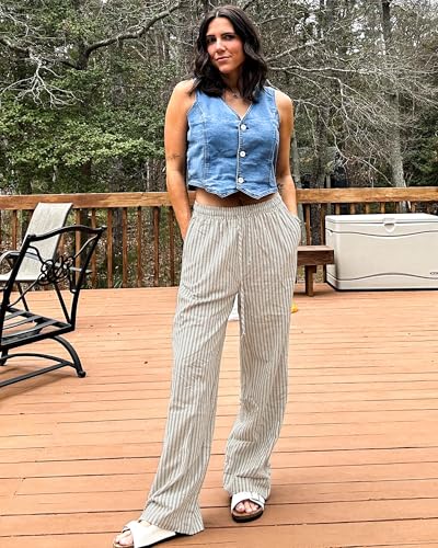 GRAPENT Size 14 Pants for Women White Pants Women Casual for Flowy Summer Casual White Linen Beach Black Stripe Size Large US 12 to 14 - Image 5