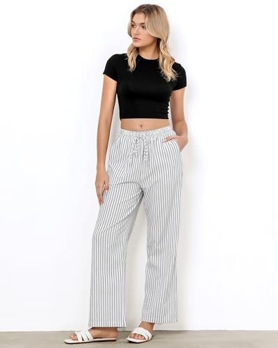GRAPENT Size 14 Pants for Women White Pants Women Casual for Flowy Summer Casual White Linen Beach Black Stripe Size Large US 12 to 14 - Image 2