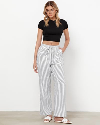 GRAPENT Size 14 Pants for Women White Pants Women Casual for Flowy Summer Casual White Linen Beach Black Stripe Size Large US 12 to 14 - Image 4