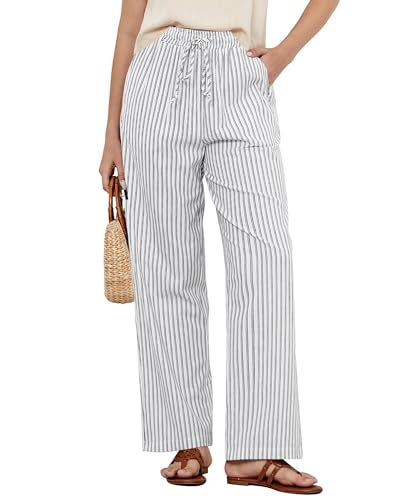 GRAPENT Size 14 Pants for Women White Pants Women Casual for Flowy Summer Casual White Linen Beach Black Stripe Size Large US 12 to 14 - Image 1