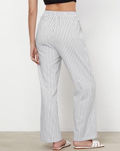 GRAPENT Size 14 Pants for Women White Pants Women Casual for Flowy Summer Casual White Linen Beach Black Stripe Size Large US 12 to 14 - Image 3
