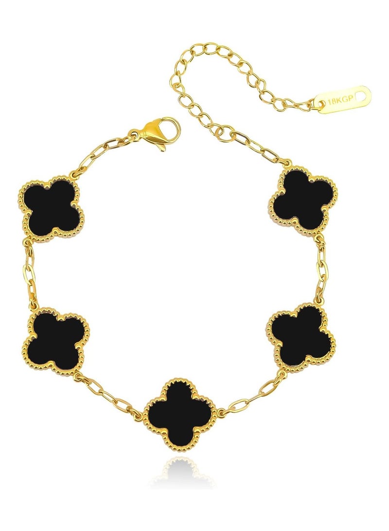 Julia Store 18K Gold Plated Stainless Steel Love Trendy Luxury Lucky Four Leaf Link Clover Bracelet for Women Bracelets Jewelry Gifts for Women - Black - Image 1