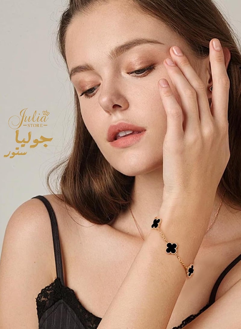 Julia Store 18K Gold Plated Stainless Steel Love Trendy Luxury Lucky Four Leaf Link Clover Bracelet for Women Bracelets Jewelry Gifts for Women - Black - Image 2