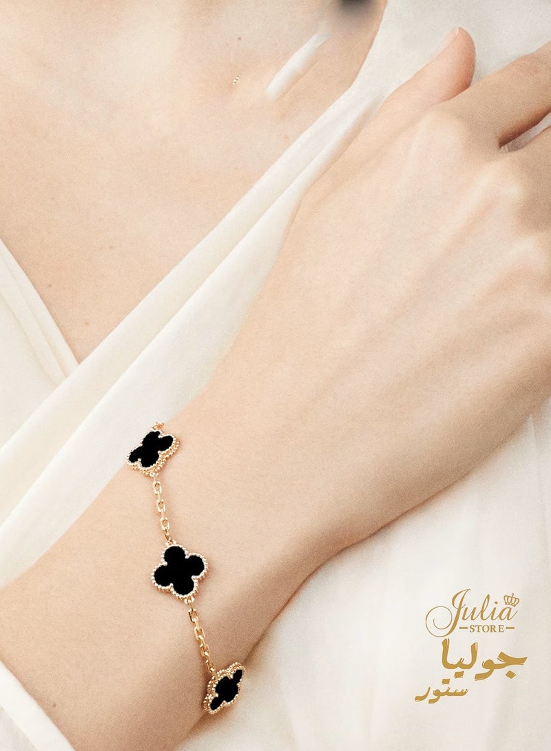 Julia Store 18K Gold Plated Stainless Steel Love Trendy Luxury Lucky Four Leaf Link Clover Bracelet for Women Bracelets Jewelry Gifts for Women - Black - Image 3