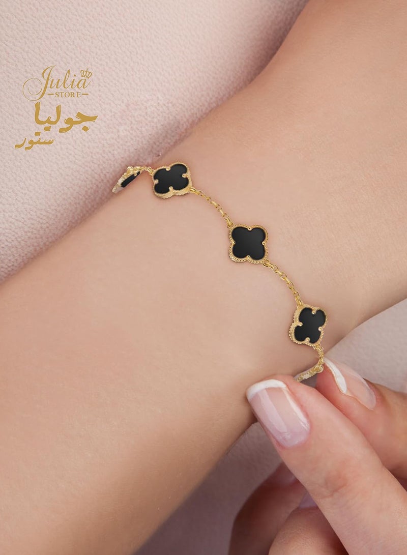 Julia Store 18K Gold Plated Stainless Steel Love Trendy Luxury Lucky Four Leaf Link Clover Bracelet for Women Bracelets Jewelry Gifts for Women - Black - Image 4