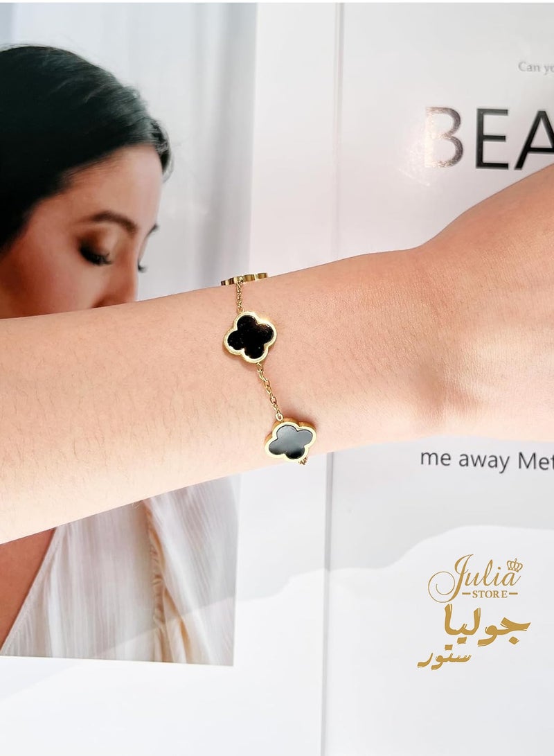 Julia Store 18K Gold Plated Stainless Steel Love Trendy Luxury Lucky Four Leaf Link Clover Bracelet for Women Bracelets Jewelry Gifts for Women - Black - Image 5
