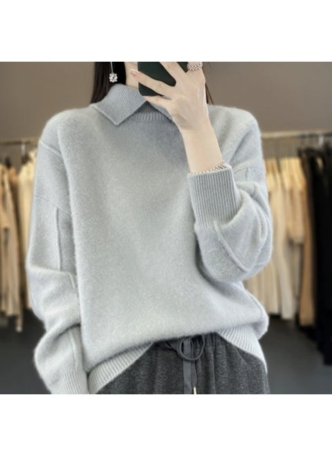 2023 Autumn/Winter New Lapel Pure Wool Sweater Womens Loose-Fit Solid Color Thickened Pullover Base Knitted Top Stylish Gray