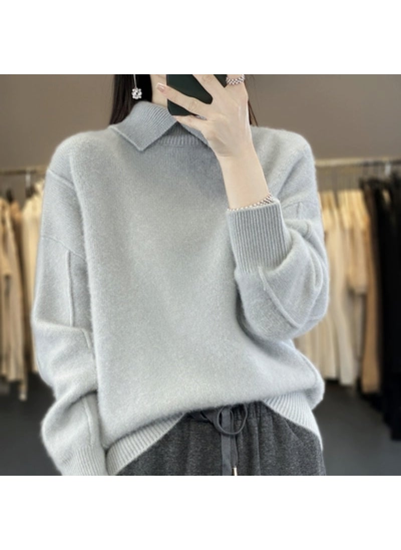 Generic - 2023 Autumn/Winter New Lapel Pure Wool Sweater Womens Loose-Fit Solid Color Thickened Pullover Base Knitted Top Stylish Gray - Image 1
