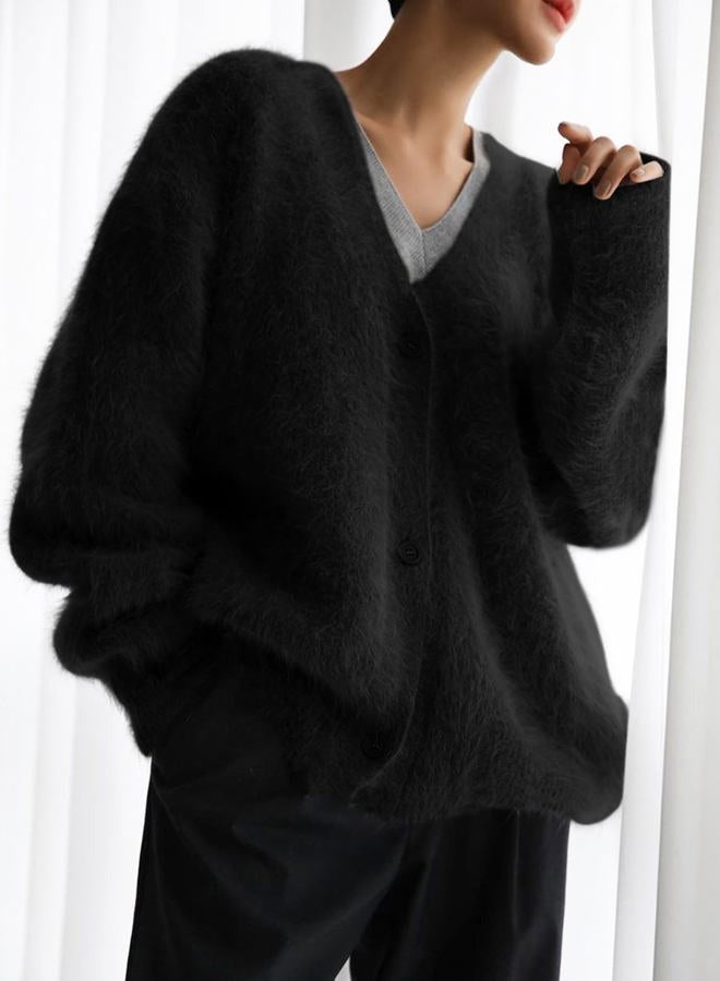 Flygo Womens Fuzzy Mohair Cardigan Sweaters V Neck Button Down Long Sleeve Fluffy Knit Open Front Slouchy Furry Sweater, Black, L - Image 3