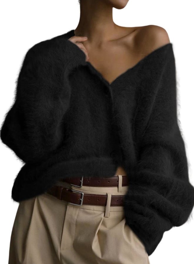 Flygo Womens Fuzzy Mohair Cardigan Sweaters V Neck Button Down Long Sleeve Fluffy Knit Open Front Slouchy Furry Sweater, Black, L - Image 1