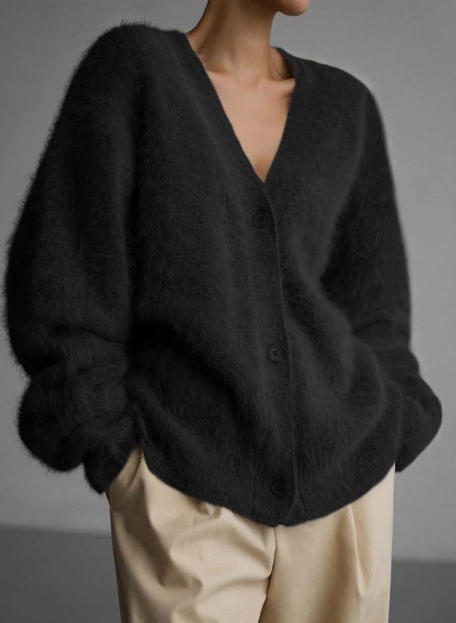 Flygo Womens Fuzzy Mohair Cardigan Sweaters V Neck Button Down Long Sleeve Fluffy Knit Open Front Slouchy Furry Sweater, Black, L - Image 2