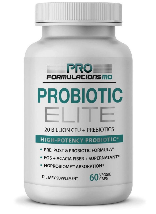 Pro Formulations MD Probiotic Elite - Synbiotic with FOS + Supernatant - 60 vcaps - Pre, Post & Probiotic Digestive Support with 20 Billion CFU, FOS, Acacia Fiber & Freeze-Dried Culture Powder - No Refrigeration Needed  - Image 1