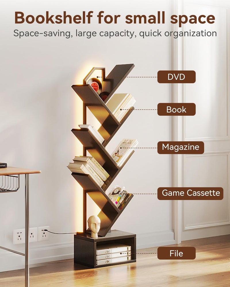 Casaottima 6-Tier Tree Bookshelf â€” Narrow Floor Standing Bookcase, Tall Steel & Wood Book Organizer Shelf with Cabinet, Home Decor for Living Room/Bedroom/Home Office, Black - Image 4