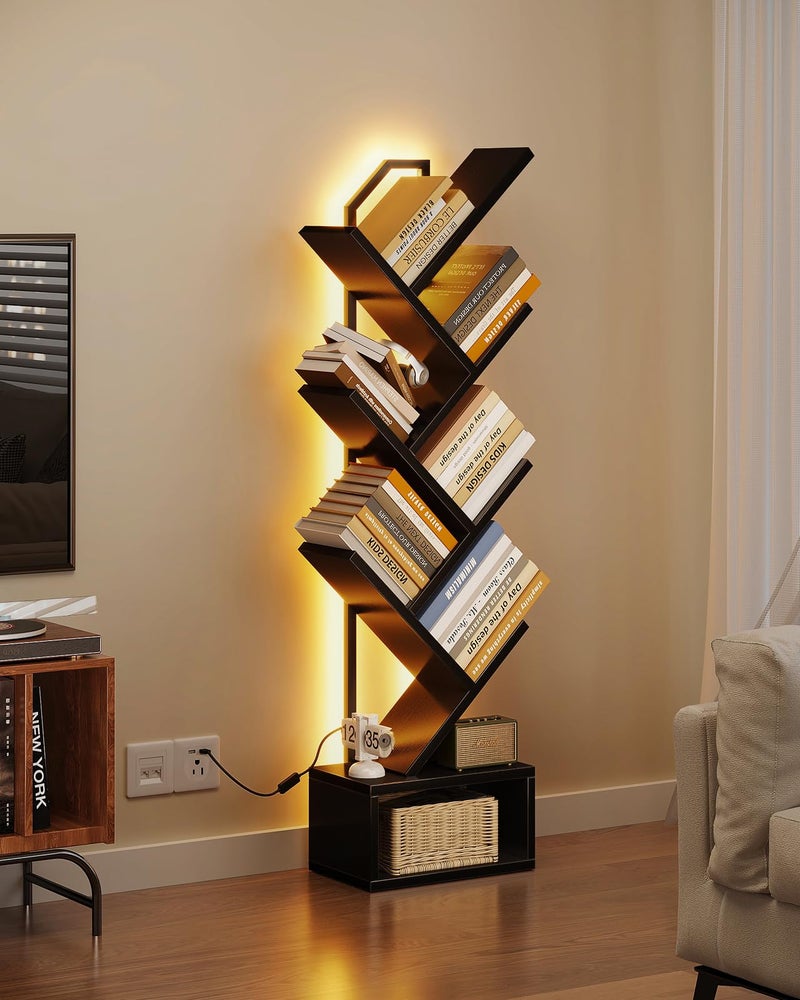 Casaottima 6-Tier Tree Bookshelf â€” Narrow Floor Standing Bookcase, Tall Steel & Wood Book Organizer Shelf with Cabinet, Home Decor for Living Room/Bedroom/Home Office, Black - Image 2