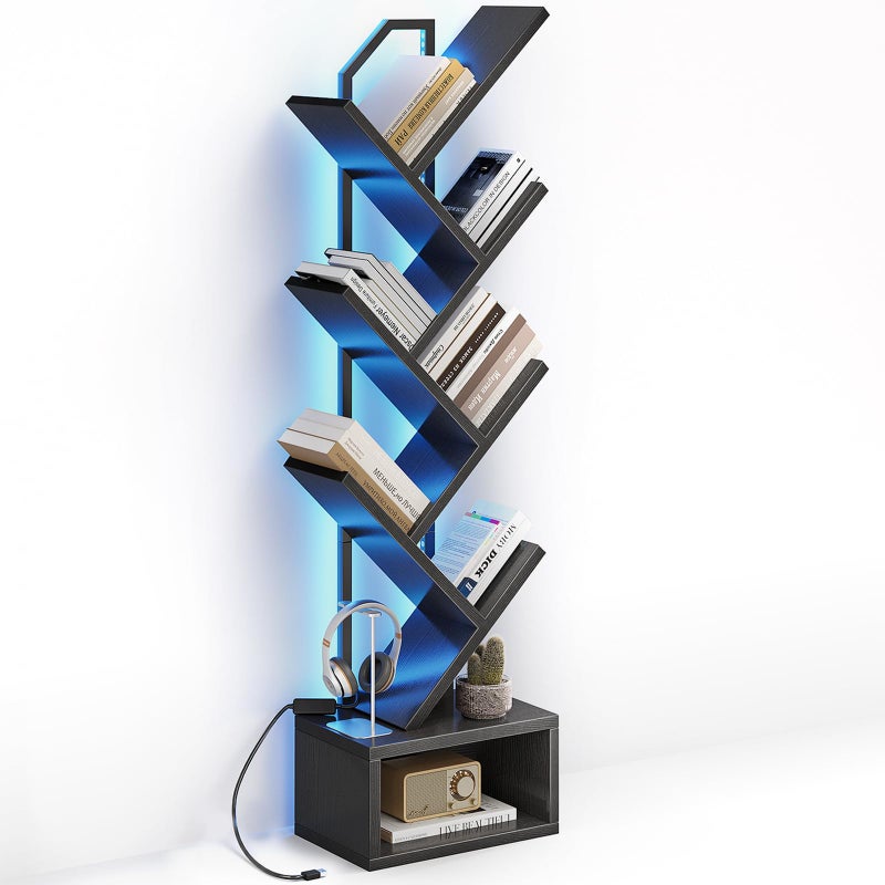 Casaottima 6-Tier Tree Bookshelf â€” Narrow Floor Standing Bookcase, Tall Steel & Wood Book Organizer Shelf with Cabinet, Home Decor for Living Room/Bedroom/Home Office, Black - Image 1