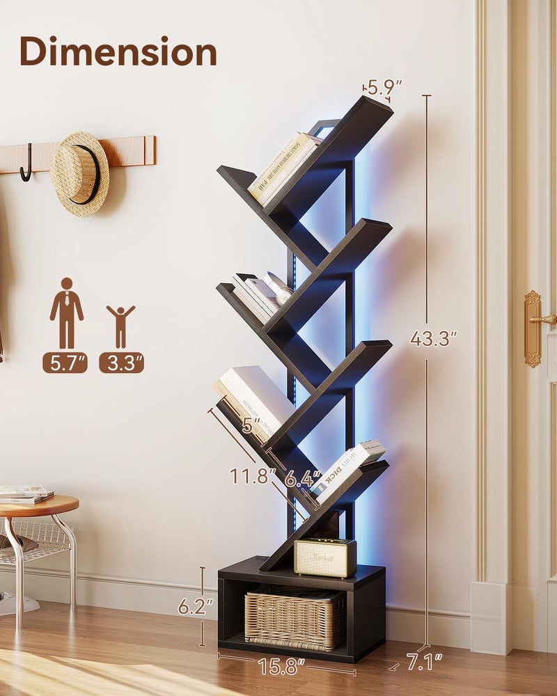 Casaottima 6-Tier Tree Bookshelf â€” Narrow Floor Standing Bookcase, Tall Steel & Wood Book Organizer Shelf with Cabinet, Home Decor for Living Room/Bedroom/Home Office, Black - Image 3