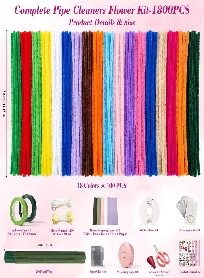 LISRUX 1800 PCS Pipe Cleaners Craft, Pipe Cleaner Flower Kit, 18 Colors Pipe Cleaners Bulk, Pipe Cleaners Flowers for Family Fun & Creativity, Holiday & Room Decorations, Art and Craft Supplies - Image 2