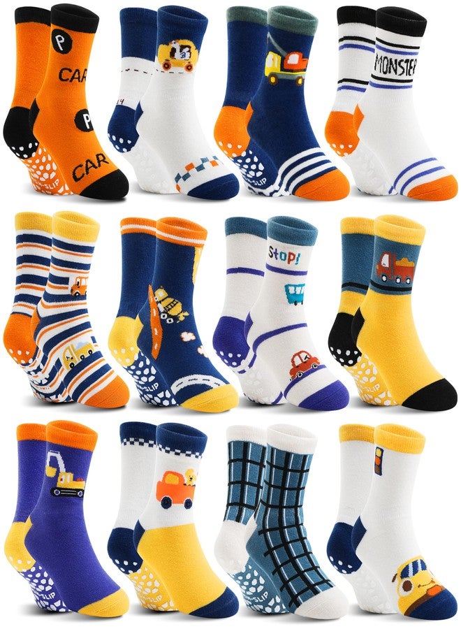 Sandsuced Baby Boys Toddlers Grips Socks Kids Non Skid Anti Slip Fun Cotton Gift Infant Crew Socks 12 Pairs Stocking Stuffers(Orange Car, 6-12 Months) - Image 1