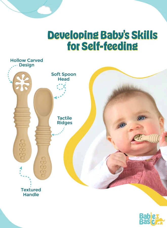 Babies Basic Soft Tip Bpa Free Silicone First Stage Training Spoon With Masher- Cream
