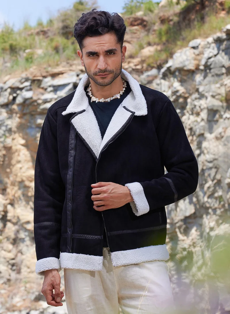 Campus Sutra Men's Carbon Black & Chalk White Fleece Lined Biker Jacket For Casual Wear | Spread Collar | Long Sleeve | Zipper Closure | Jacket Crafted With Comfort Fit For Everyday Wear