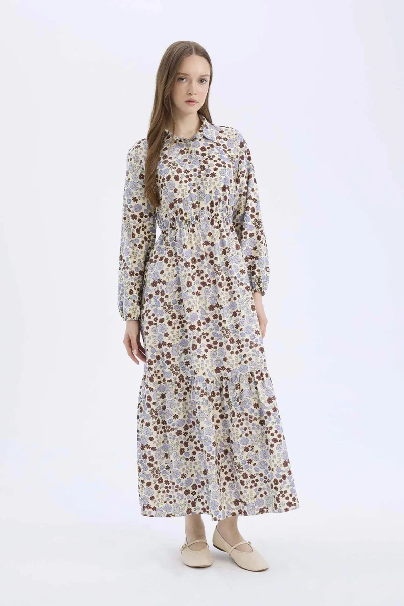 ديفاكتو Shirt Collar Patterned Long Sleeve Maxi Dress