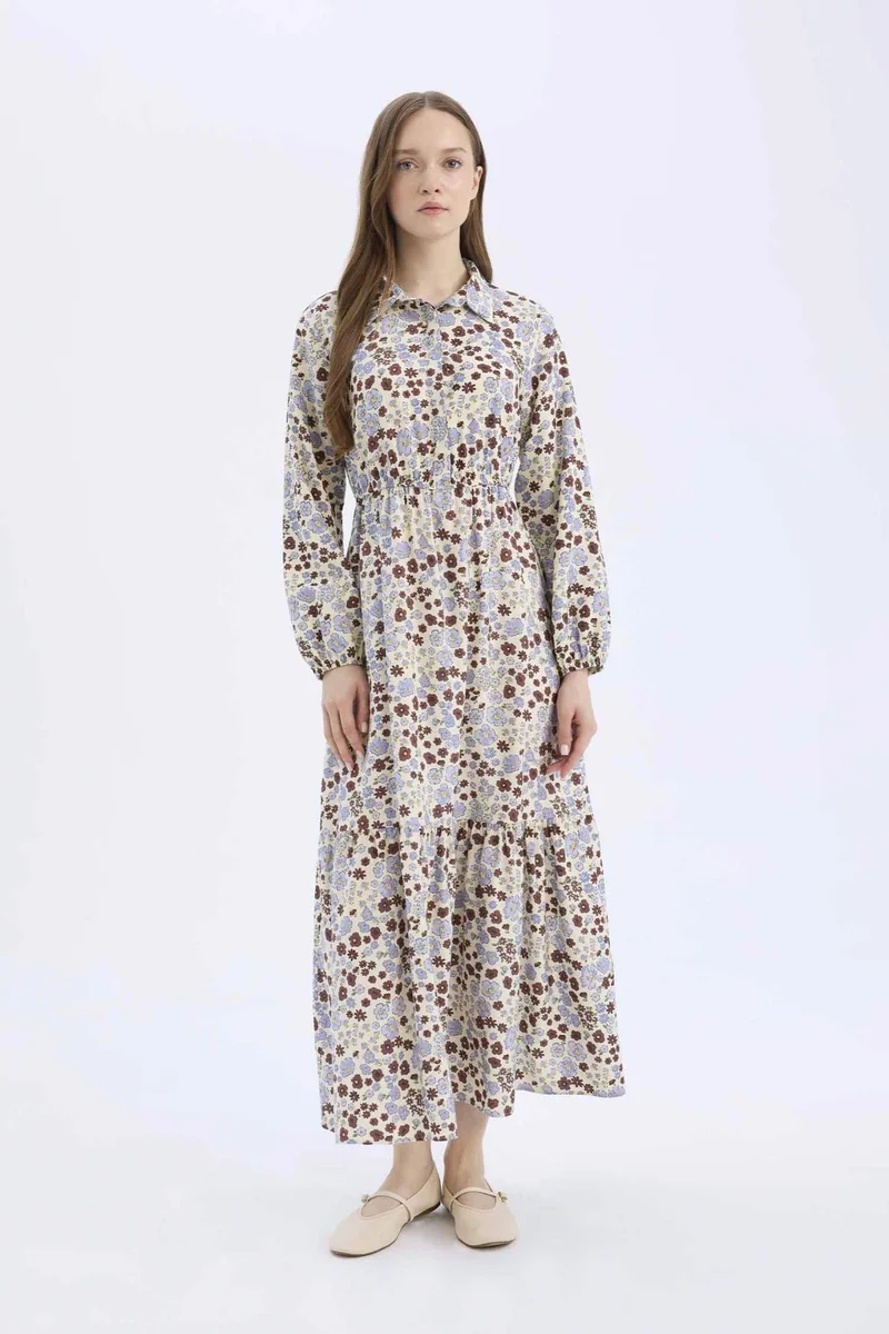 ديفاكتو Shirt Collar Patterned Long Sleeve Maxi Dress