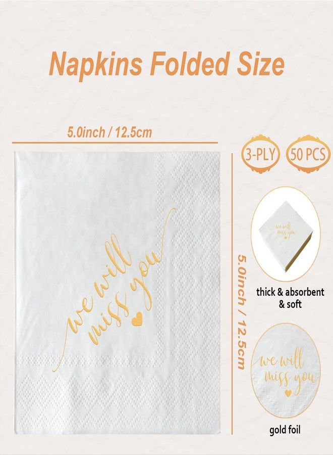 ZLPDS We Will Miss You Cocktail Napkins Gold Foil and White Farewell Going Away Disposable Paper Napkins 50 Pack of Bar Berverage Napkins for Retirement Job Change Graduation Party Decorations 3 Ply - Image 2
