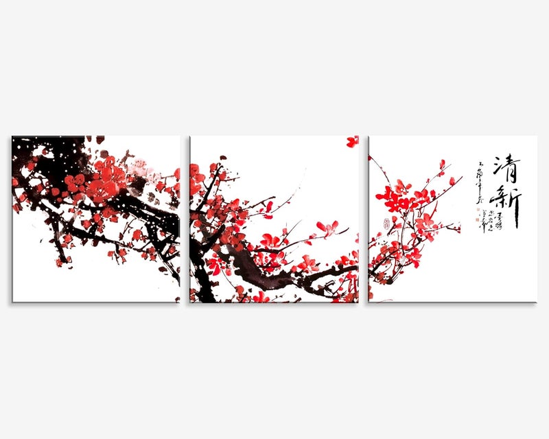 NAN Wind Small Size Traditional Chinese Painting of Red Plum Blossom Canvas Prints 3 Pcs Calligraphy Art Paintings Wall Art Poem Print Painting Framed 12x12inches 3pcs/set - Image 2