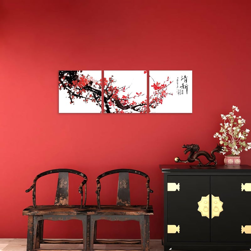 NAN Wind Small Size Traditional Chinese Painting of Red Plum Blossom Canvas Prints 3 Pcs Calligraphy Art Paintings Wall Art Poem Print Painting Framed 12x12inches 3pcs/set - Image 3