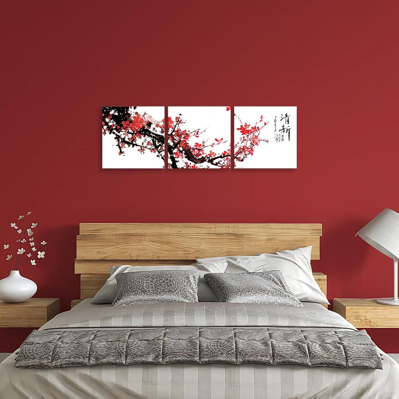 NAN Wind Small Size Traditional Chinese Painting of Red Plum Blossom Canvas Prints 3 Pcs Calligraphy Art Paintings Wall Art Poem Print Painting Framed 12x12inches 3pcs/set - Image 5