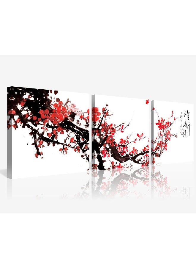 NAN Wind Small Size Traditional Chinese Painting of Red Plum Blossom Canvas Prints 3 Pcs Calligraphy Art Paintings Wall Art Poem Print Painting Framed 12x12inches 3pcs/set - Image 1