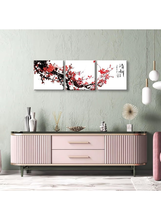 NAN Wind Small Size Traditional Chinese Painting of Red Plum Blossom Canvas Prints 3 Pcs Calligraphy Art Paintings Wall Art Poem Print Painting Framed 12x12inches 3pcs/set - Image 4