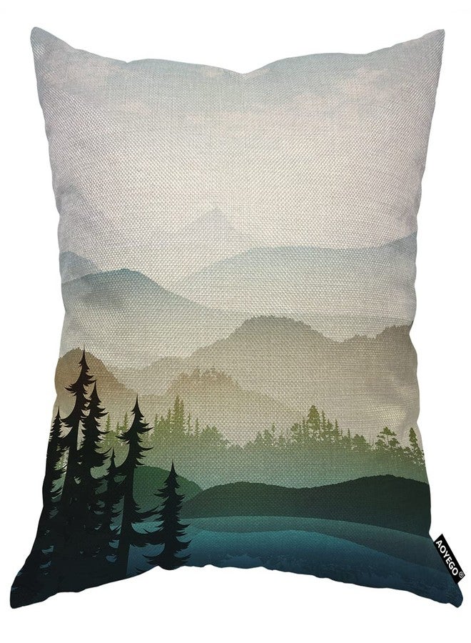 AOYEGO Nature Landscape Throw Pillow Cover Mountain Forest and Lake Summer Green Plant Fog River Park Pillow Case 18x18 Inch Decorative Cotton Linen Square Cushion for Home Couch Bed - Image 1