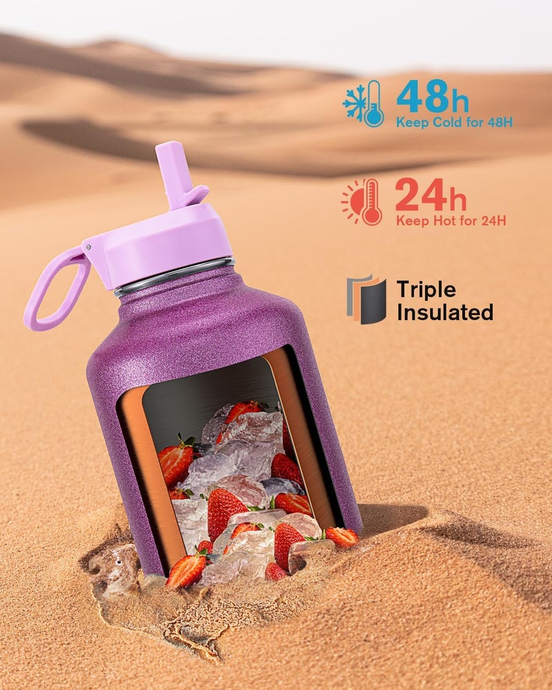 Coolflask Half Gallon Water Bottle Insulated with Straw & 3 Lids, 2 L Water Jug Large Metal Stainless Steel Wide Mouth for Sports, Gym or Office, Non-BPA Keep Cold 48H Hot 24H, Glitter Pink - Image 2