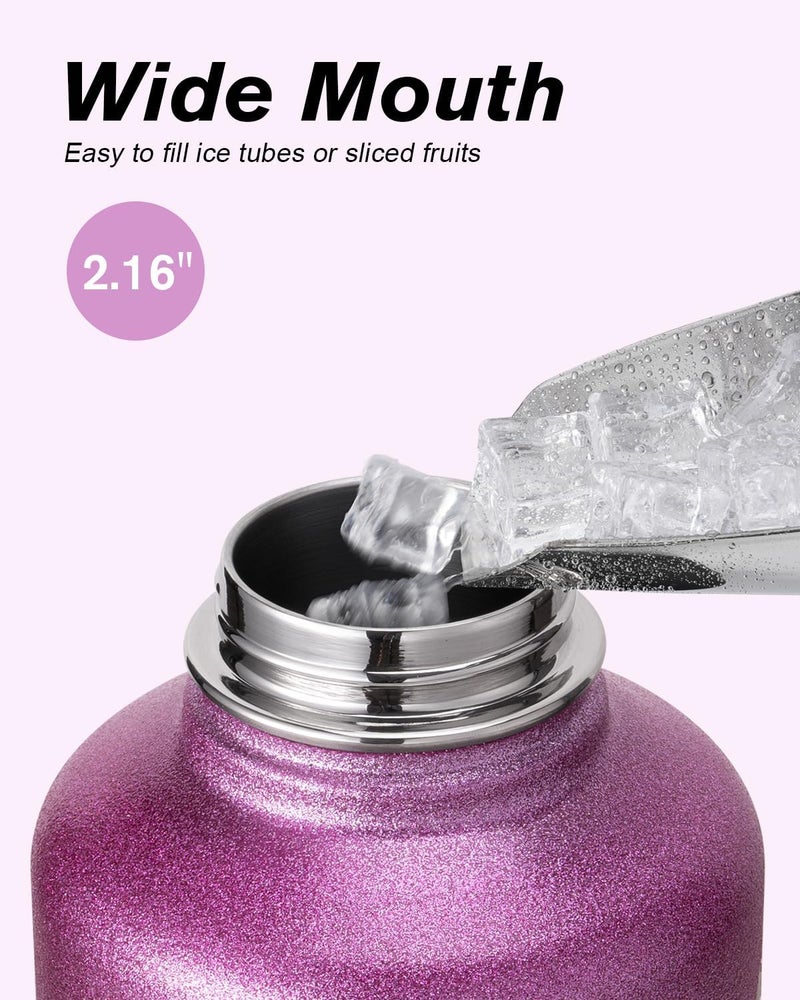 Coolflask Half Gallon Water Bottle Insulated with Straw & 3 Lids, 2 L Water Jug Large Metal Stainless Steel Wide Mouth for Sports, Gym or Office, Non-BPA Keep Cold 48H Hot 24H, Glitter Pink - Image 4