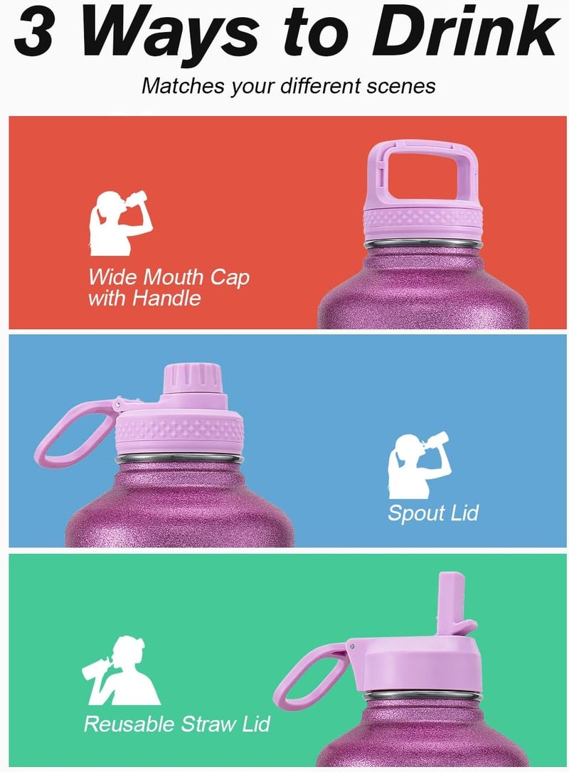Coolflask Half Gallon Water Bottle Insulated with Straw & 3 Lids, 2 L Water Jug Large Metal Stainless Steel Wide Mouth for Sports, Gym or Office, Non-BPA Keep Cold 48H Hot 24H, Glitter Pink - Image 5