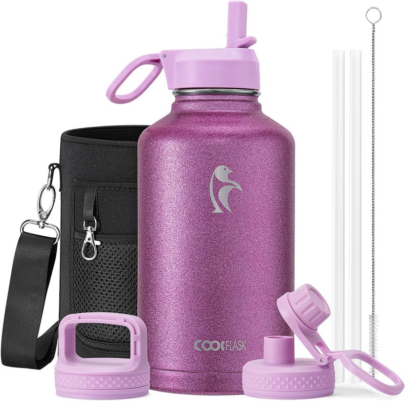 Coolflask Half Gallon Water Bottle Insulated with Straw & 3 Lids, 2 L Water Jug Large Metal Stainless Steel Wide Mouth for Sports, Gym or Office, Non-BPA Keep Cold 48H Hot 24H, Glitter Pink - Image 1