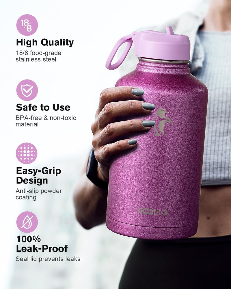 Coolflask Half Gallon Water Bottle Insulated with Straw & 3 Lids, 2 L Water Jug Large Metal Stainless Steel Wide Mouth for Sports, Gym or Office, Non-BPA Keep Cold 48H Hot 24H, Glitter Pink - Image 3