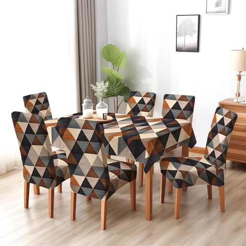 BRIDA® Polyester Spandex Stretchable Floral Geometric Printed Dining Chair Covers Elastic Chair Seat Case Protector, Slipcovers (6 Seater Table Cover + 6 Chair Cover, Navy Grey Geometric) - Image 1