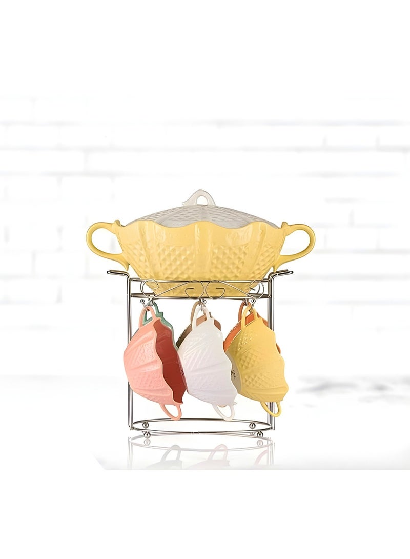 طقم مج شوربة + حلة بورسلين عدد 7 قطع + إستاند - مستورد