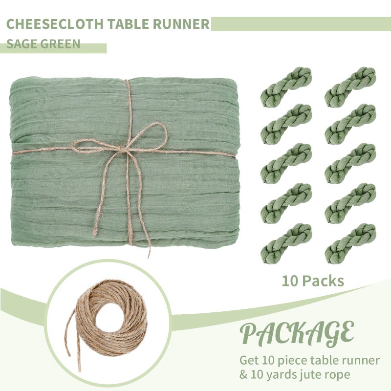 LuoluoHouse 10 Pack 10Ft Sage Green Cheesecloth Table Runner Gauze Table Runner for Holiday Romantic Decorations Birthday Wedding 35x120 inch Rustic Table Decor - Image 2