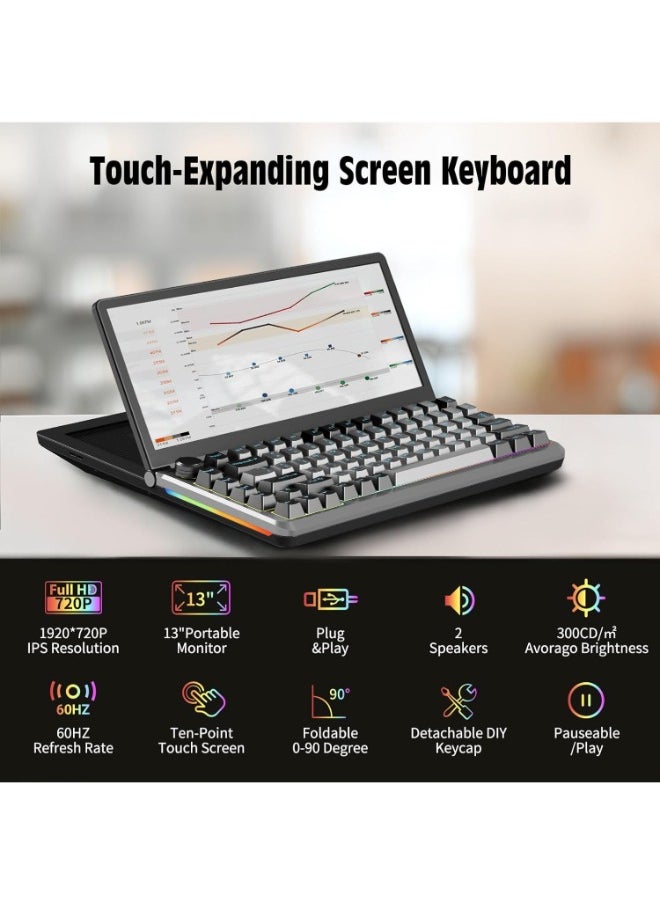 V2COM - V2COM Touch Screen Keyboard Monitor - 13" Multifunctional Mechanical Portable Foldable Keyboard with USB/SSD Expansion Compact 82 Keys - Image 1