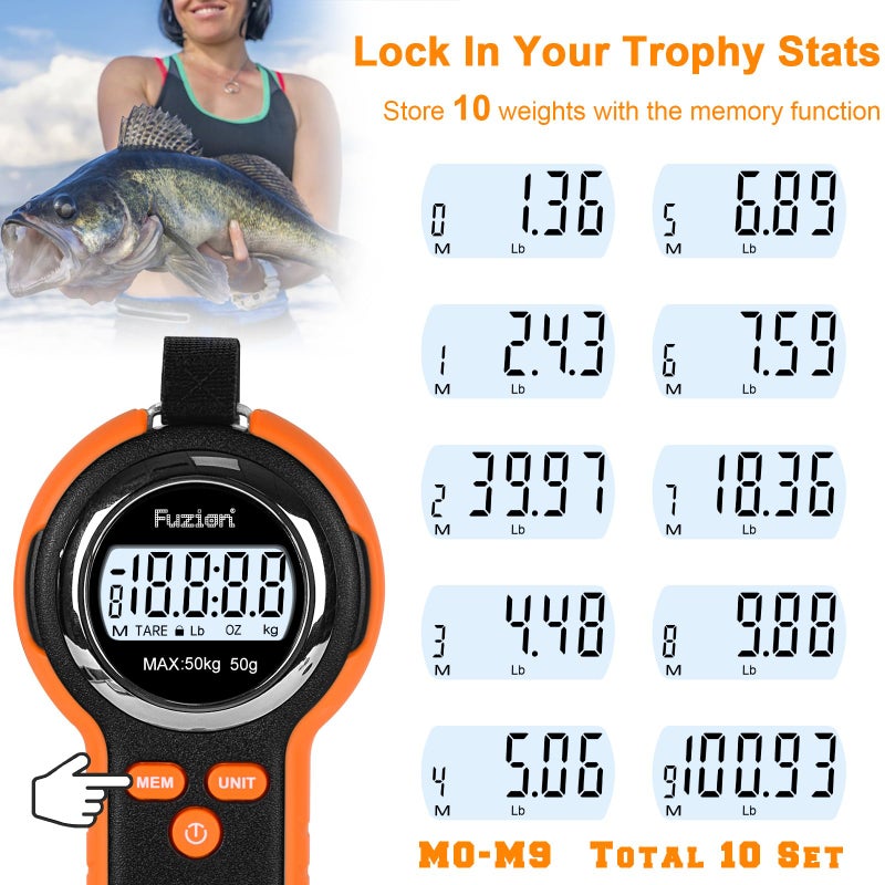 Fuzion Fish Scale, Professional Fishing Scale - 110lb Capacity, Waterproof, Night Light, Memory & Tape Measure | Portable Fish Weigh Kit w/Lip Gripper, Batteries & Pouch - Image 3
