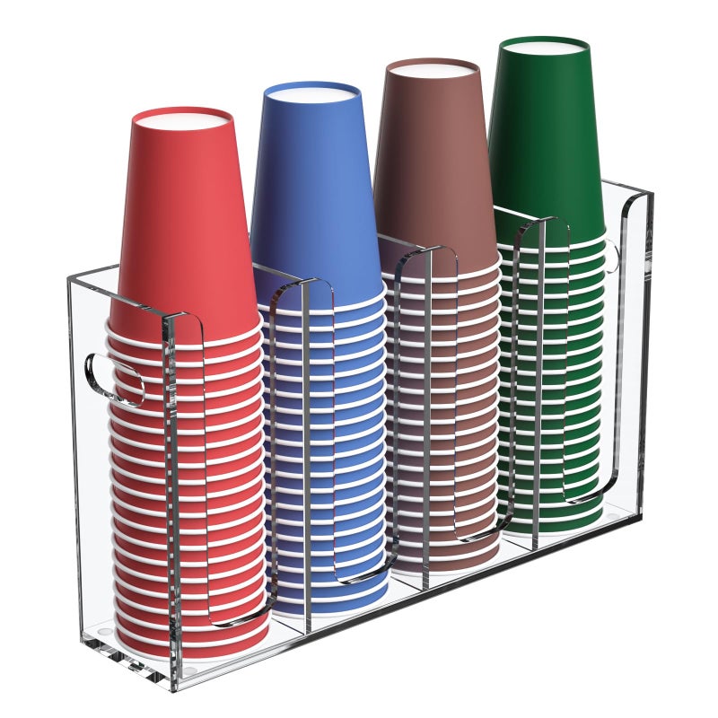 BOSSCASA Disposable Coffee Cup Dispenser with Handles Countertop or Wall Mount HotCold Drink Cup and Lid Holder  BathroomKitchenOffice Acrylic Cup Lid Storage Organizer 4 Compartments Clear