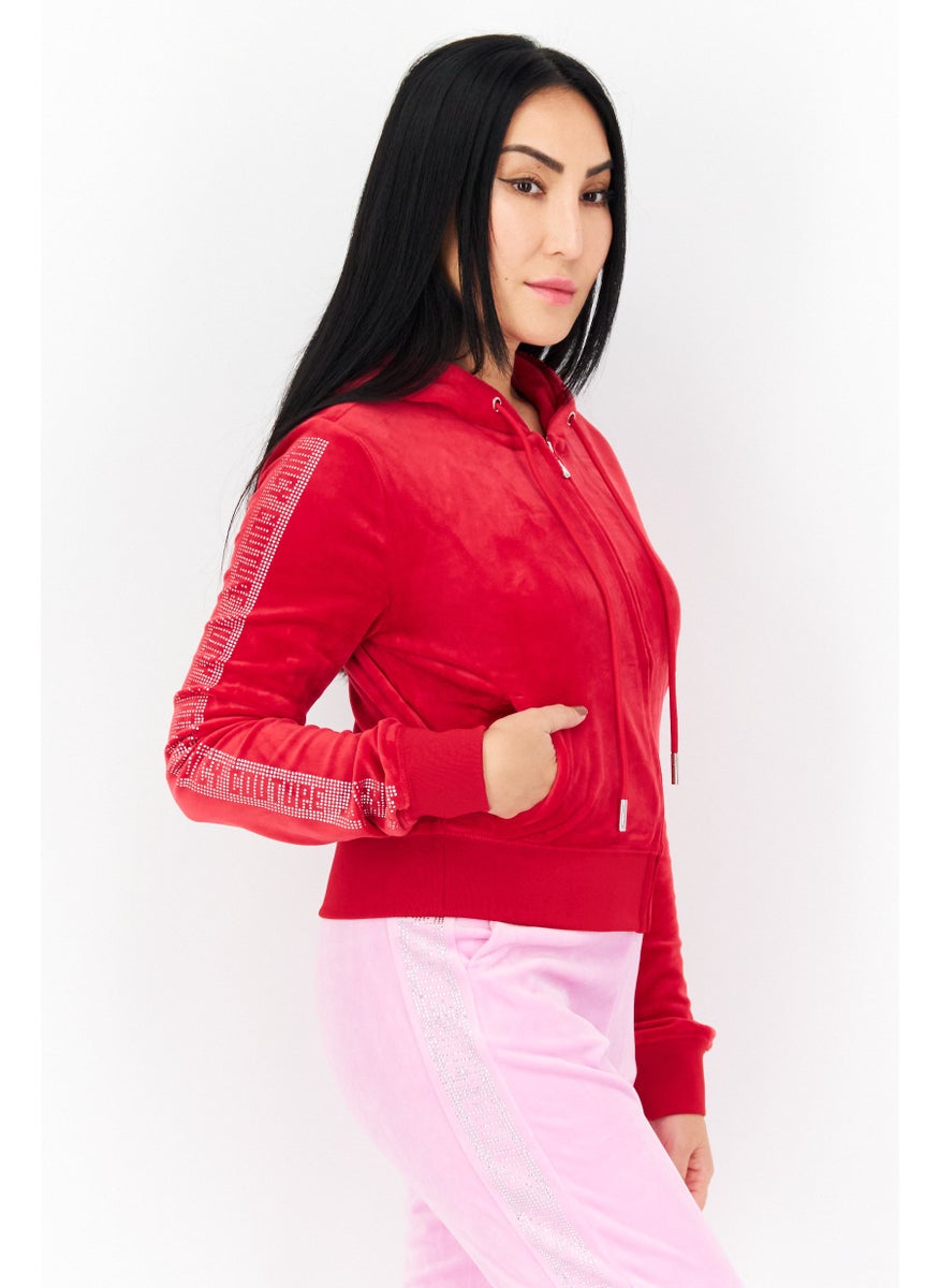 Juicy Couture - Women Hooded Full Zip Fleece Jacket, Red - Image 1
