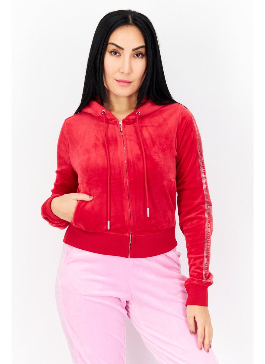 Juicy Couture - Women Hooded Full Zip Fleece Jacket, Red - Image 1