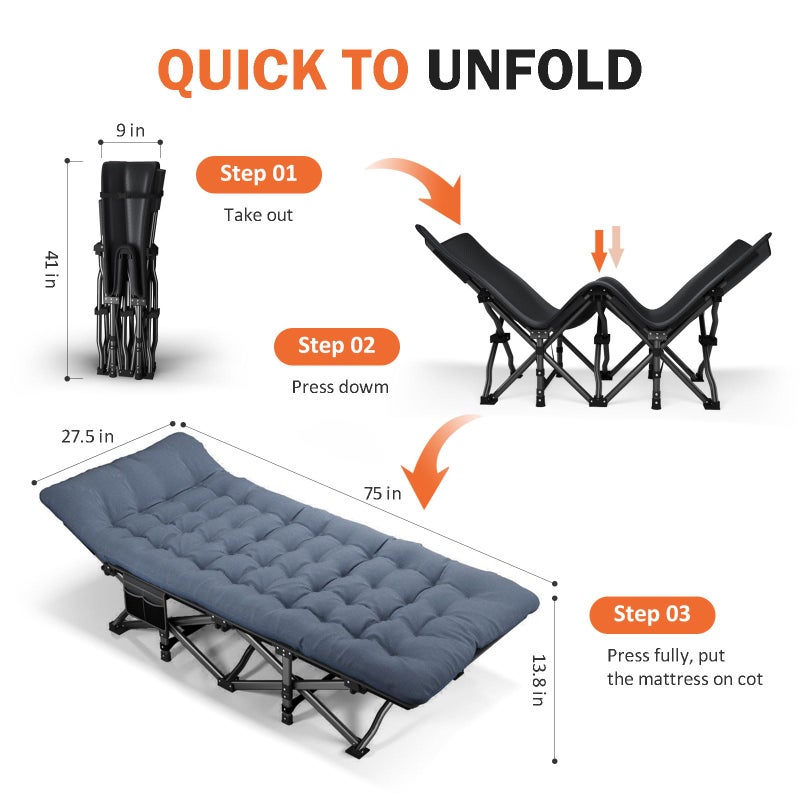 ATORPOK Camping Cot for Adults with Cushion Comfortable, Portable Folding Bed for Sleeping Supports 450 lbs (Blue) - Image 2