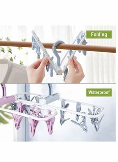 Y&D Foldable Clip Hangers with 12 Drying Clips 2Pack Underwear Hanger Clips Plastic Laundry and Drip for Socks Lingerie Clothes Sturdy Blue+Purple  - Image 4